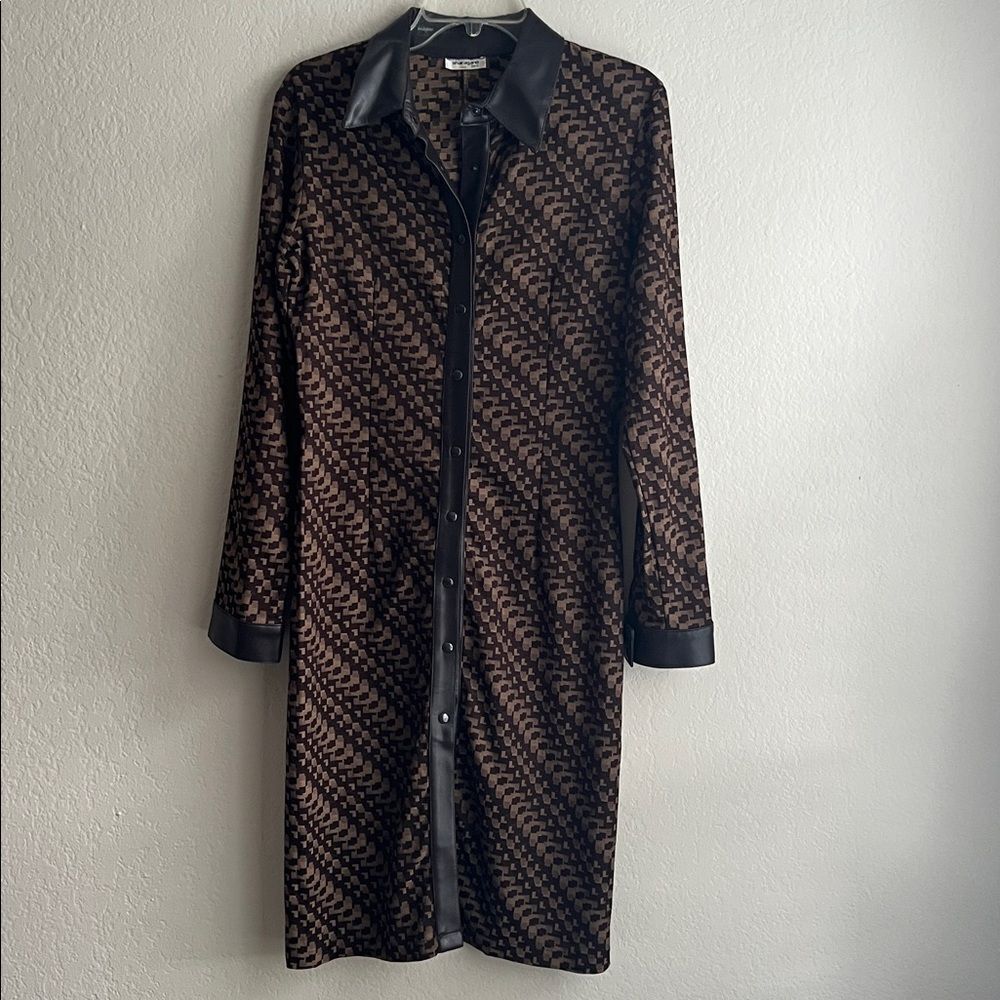 Vintage 90s/Y2K Sharagano Paris Brown Snap Button Collared Long Sleeve Dress